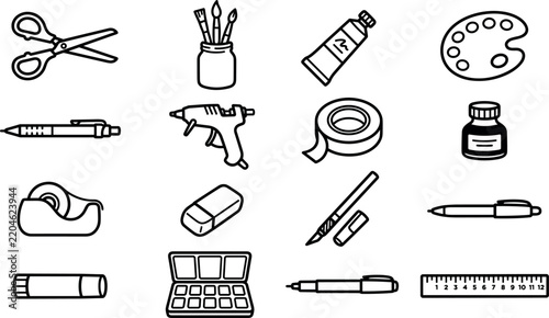 Set of art and craft supplies icons including scissors, brushes, glue gun, tape, paints, pens, eraser, and ruler