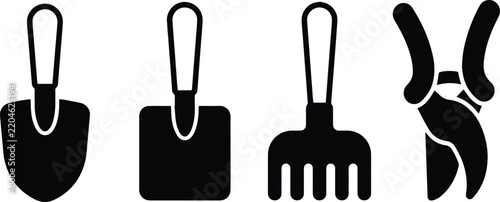 Gardening Tools Icon Set with Trowel Rake Shovel and Hand Pruner