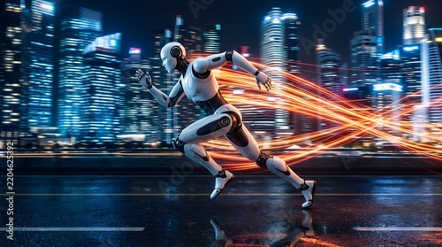 White humanoid robot sprinting through a futuristic night city with glowing orange light trails behind it for digital transformation and high-speed technology concept