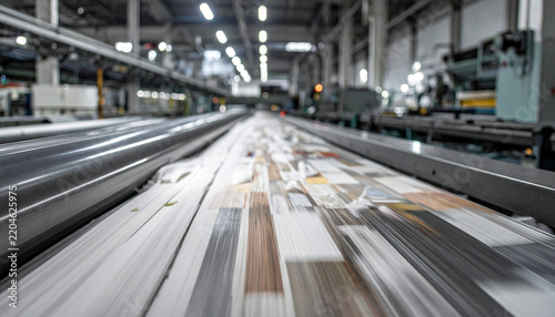 Printing Press in Motion: Detailed view of a high-speed printing press in action, producing pages with vibrant colors and sharp text.