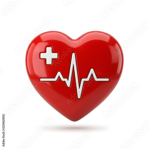 Red heart with medical cross and heartbeat lines icon