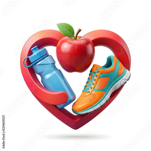 Healthy heart shape with apple, book, and dumbbell icon