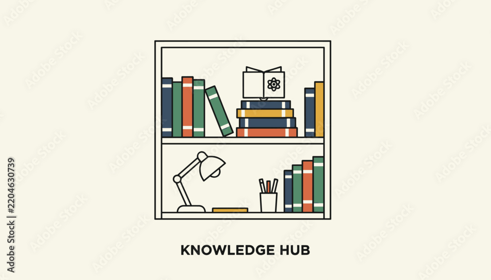 Fototapeta premium Bookshelf unit labeled Knowledge Hub packed with colorful books, a study lamp, a pen cup, and a small notebook in flat design.