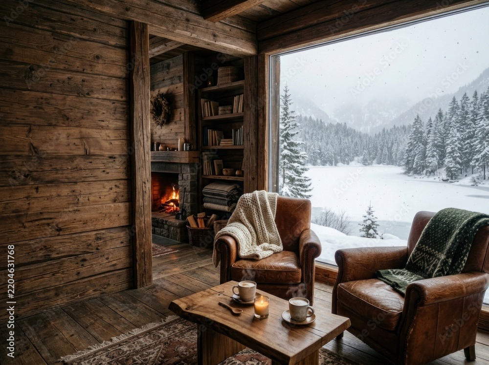Obraz premium Cozy rustic wooden chalet cabin interior with stone fireplace and large window framing snowy winter forest