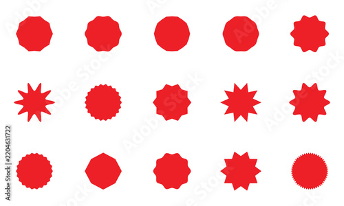 Starburst red sticker set - collection of special offer sale round and oval sunburst labels and buttons isolated on white background. Promotional sticky notes and labels.