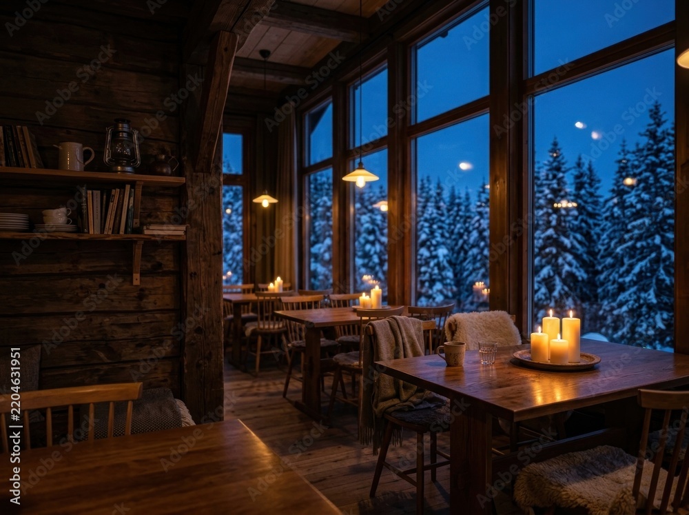 Obraz premium Cozy rustic alpine snow chalet and mountain retreat terrace with wood-burning fireplace framing snowy pine peaks