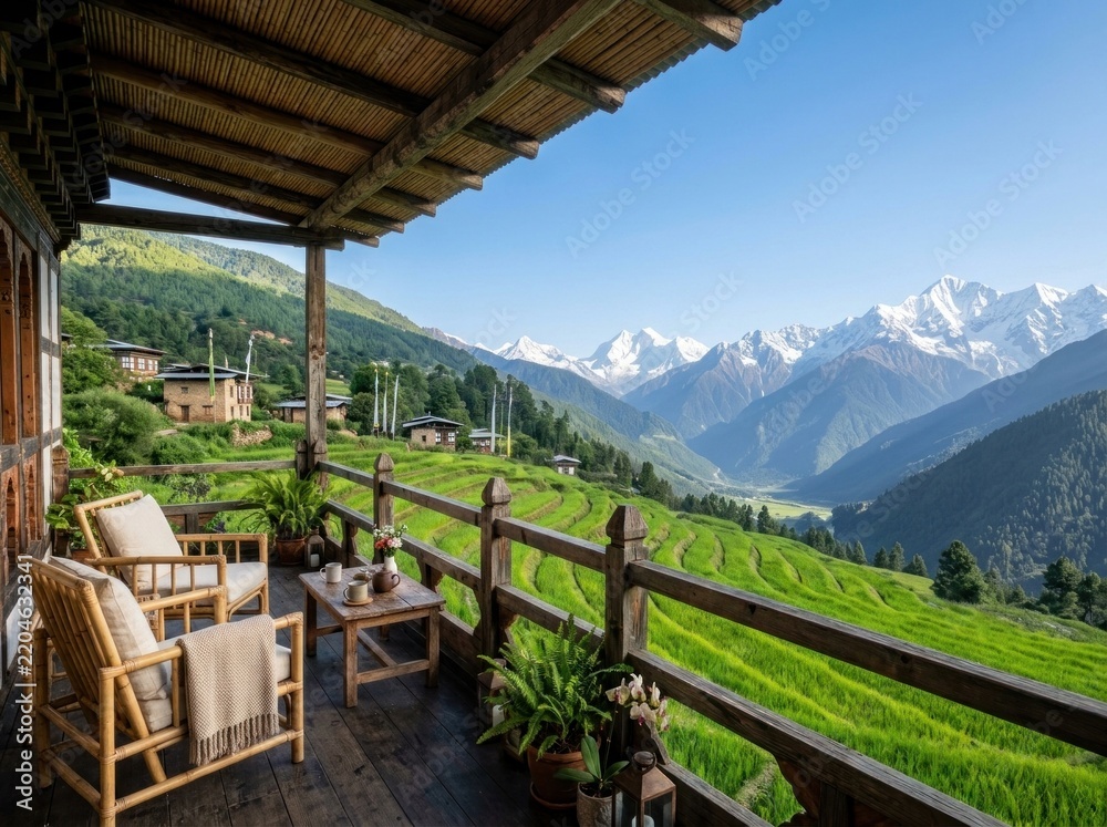 Obraz premium Cozy rustic alpine snow chalet and mountain retreat terrace with wood-burning fireplace framing snowy pine peaks