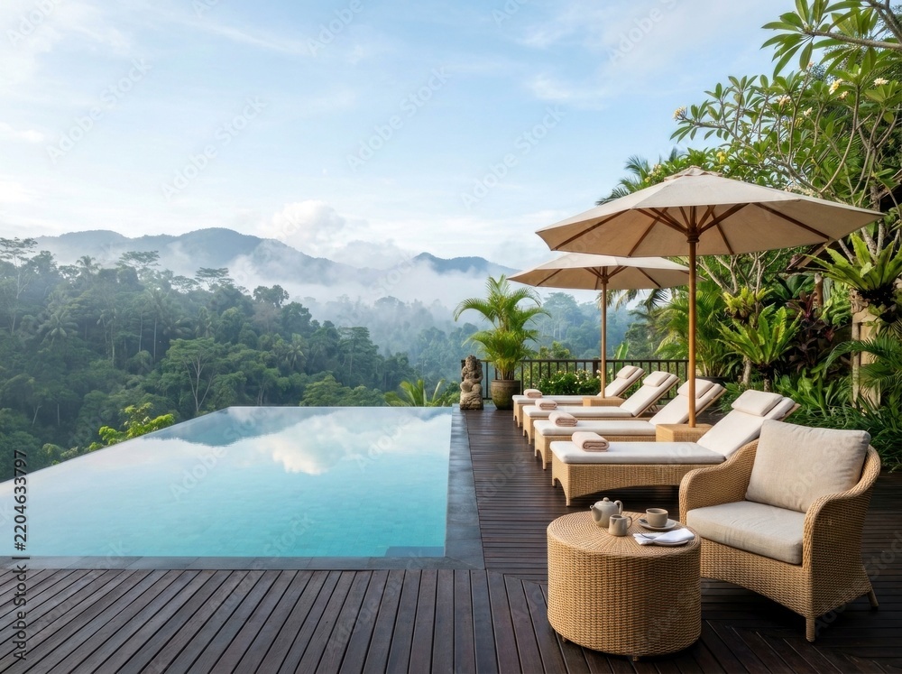 Naklejka premium Picturesque seaside cafe terrace and luxury infinity pool overlooking turquoise ocean waves, rocky cliffs, and golden sunset