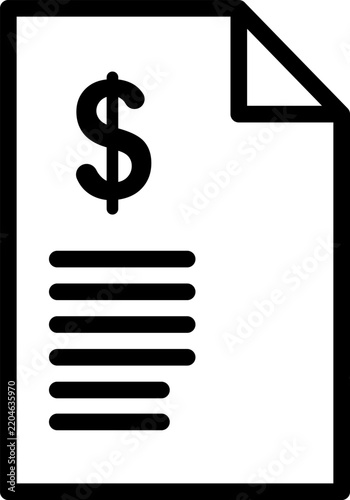 Black dollar sign on a document paper with lines for text and a folded corner icon