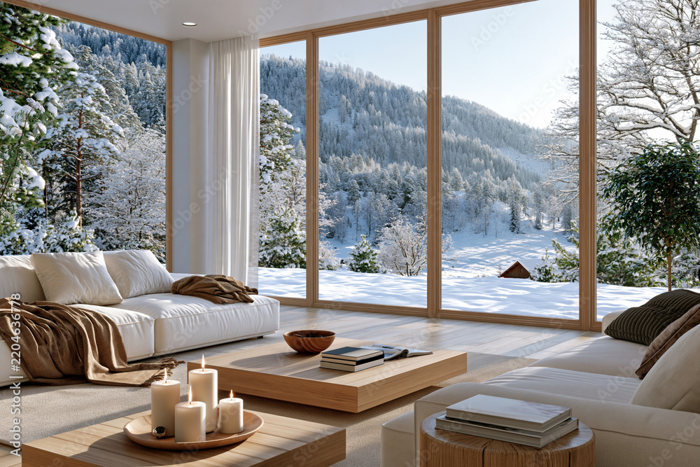 Obraz premium Snow-capped mountains frame this serene living room. Warm tones contrast with the cool, white landscape outside. Soft lighting enhances the tranquil, inviting atmosphere