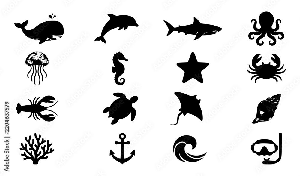 Fototapeta premium Flat sea creature and ocean symbol icon set with whale dolphin octopus turtle and coral vector