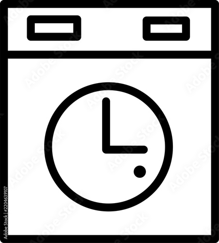 Washing machine icon with clock symbol for time management and scheduling tasks related to laundry services.