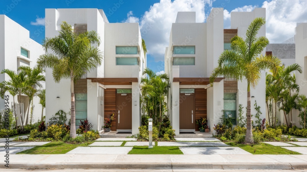 Obraz premium Modern Residential Architecture with Tropical Landscaping and Blue Sky in Suburban Neighborhood