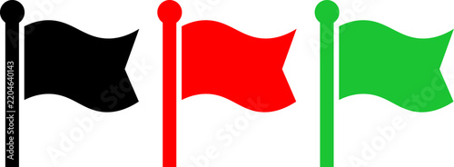 Three flags in black red and green colors on poles representing different statuses or signals on a transparent background