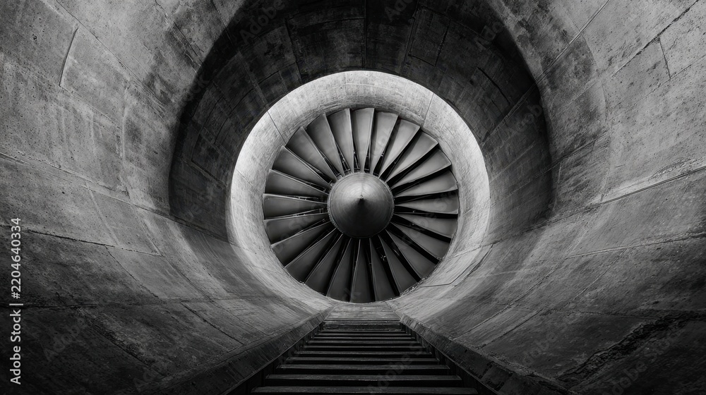 Fototapeta premium Black and White Close-Up of Industrial Turbine Fan in Abstract Architectural Structure with Stairs
