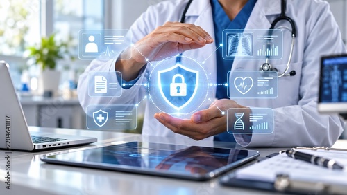 Doctor protecting patient health data with cybersecurity digital shield interface technology concept