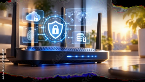 Secure wireless router with advanced cybersecurity data protection digital interface concept for modern smart home networking technology