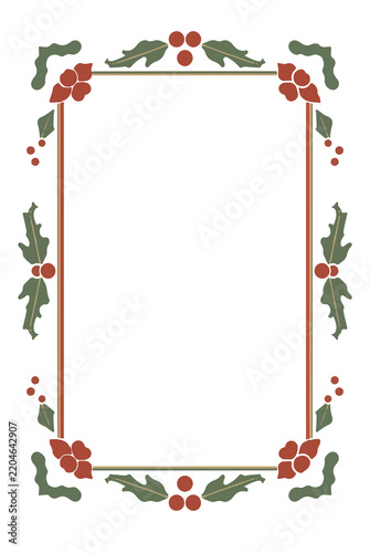 A flat design Christmas greeting card template, featuring a decorative frame. The frame incorporates classic Christmas elements rendered in a minimalist