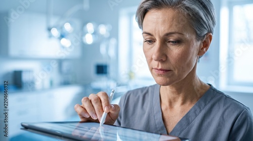 Professional female doctor reviewing patient immunization records on a digital tablet in a modern hospital clinic