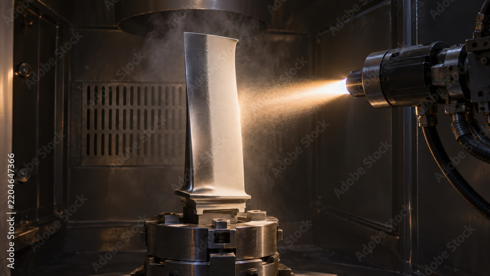 Obraz premium Metal component coating process inside industrial spray chamber with glowing powder cloud, precision manufacturing technology and dramatic