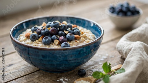 A delicious bowl of healthy oatmeal topped with fresh blueberry fruit served on a rustic wooden table for breakfast meal