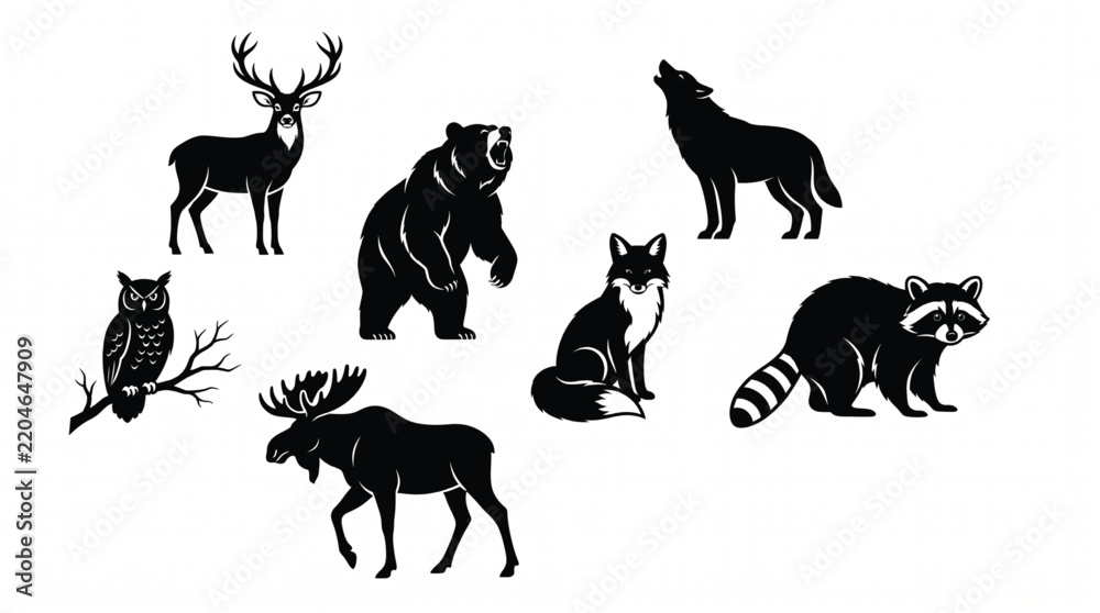 Obraz premium Woodland forest animal silhouette vector set with wild deer bear wolf fox and moose shapes