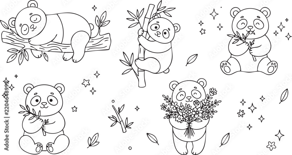 Fototapeta premium Cute Panda Bear Outline Set with Bamboo, Stars and Leaves, Sleeping, Climbing, Eating, Holding Flower Bouquet, Line Art Coloring Page Vector Illustration Bundle