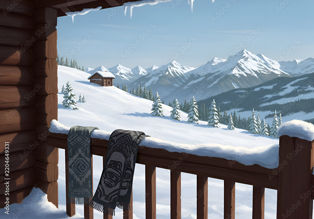 Fototapeta premium Winter vista from a log cabin balcony with patterned scarves in a snowy mountain landscape. Relaxing view of a snow-covered hillside with a small chalet and majestic peaks in the distance.