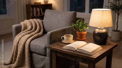 A Cozy Evening Reading Nook with Open Book and Tea
