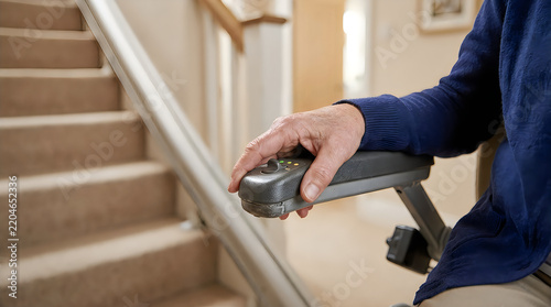 Close up of elderly hand operating stairlift control button on transparent background