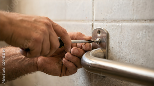 Close up of male hands using screwdriver to install stainless steel grab bar on tiled bathroom wall for safety