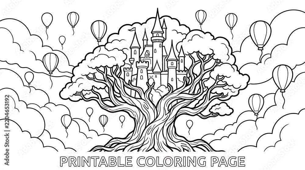 Fototapeta premium Castle perched on a large ancient tree surrounded by floating hot air balloons for kids coloring page activity