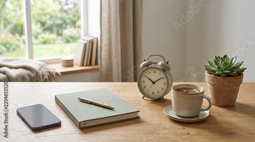 A Minimalist Wooden Desk Setup with Green Notebook, Vintage Alarm Clock, Hot Tea, and Smartphone by Bright Window