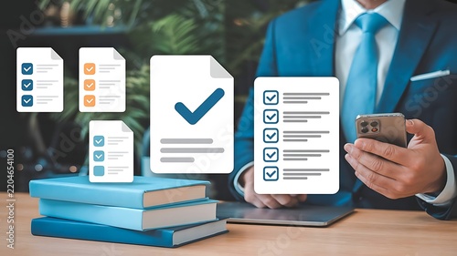 Businessman reviewing documents and lists on mobile phone with checklist icons concept