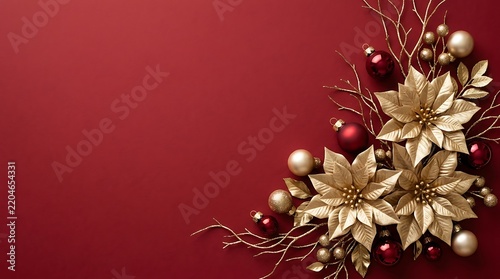 Festive christmas holiday background featuring golden poinsettia flowers and red and gold ornaments on a dark red surface