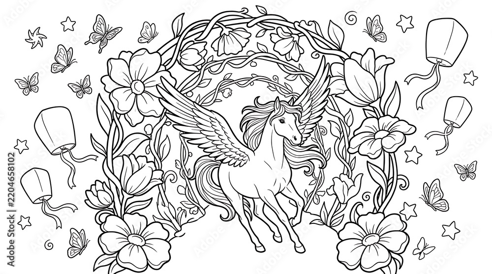 Fototapeta premium Pegasus flying through a floral archway with butterflies and paper lanterns, detailed line for coloring book page activity