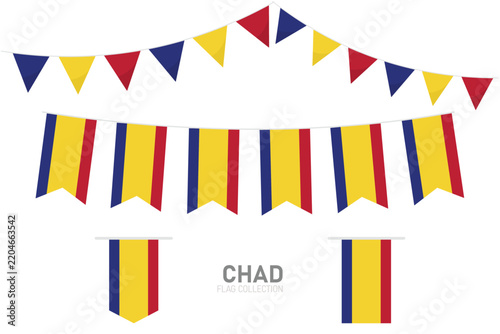 Chad national flag vector set, triangular and rectangular bunting flags on white background