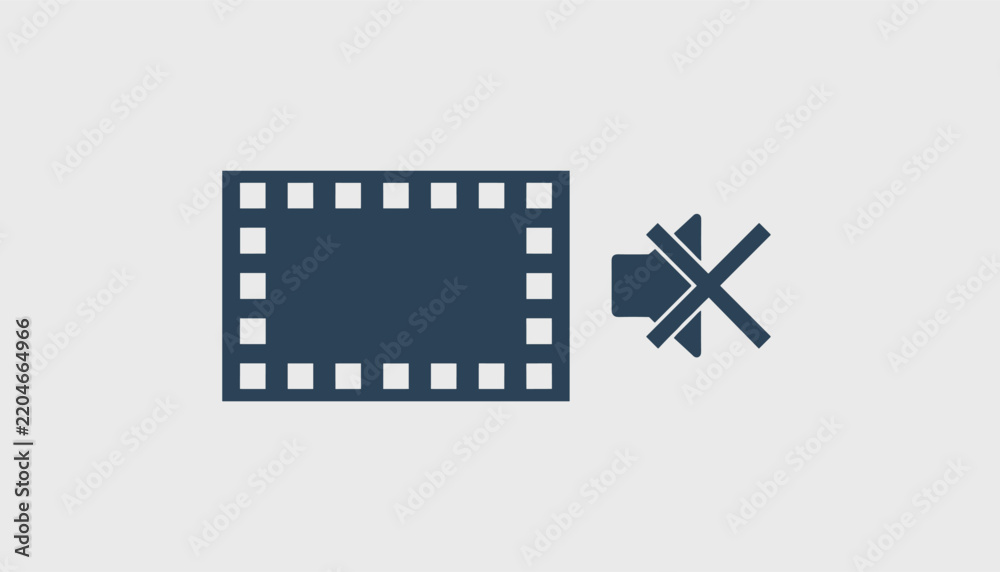 Fototapeta premium Video mute symbol featuring a dark blue film frame and a crossed-out speaker icon isolated on a light gray background.