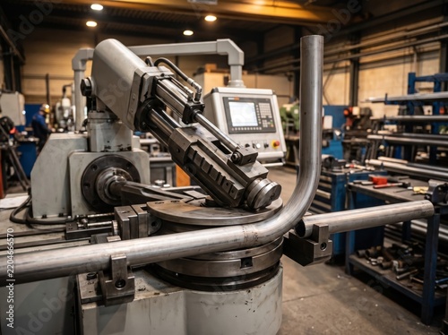 CNC pipe bending machine shaping a metal tube in an industrial factory workshop