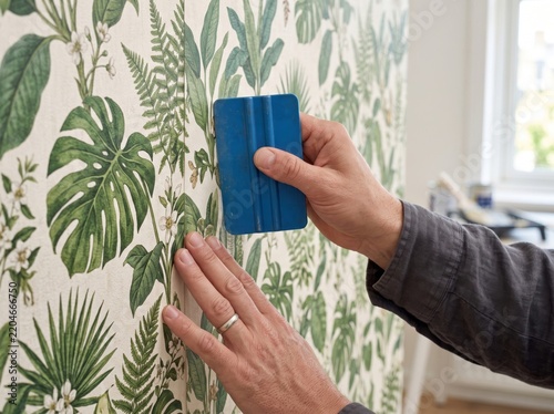 Man applying tropical leaf wallpaper with a blue smoothing tool in a bright interior