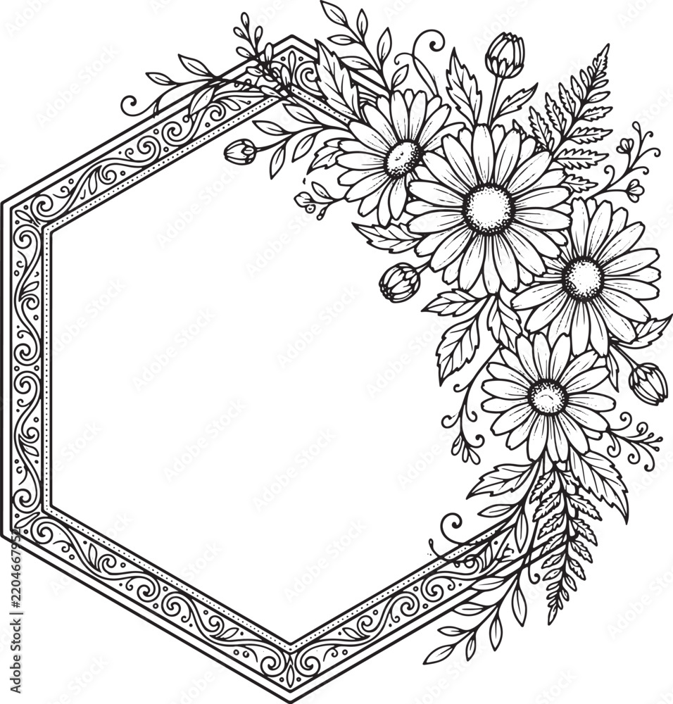 Obraz premium Hexagonal Floral Frame with Hand Drawn Daisies and Decorative Swirl Pattern Vector Illustration