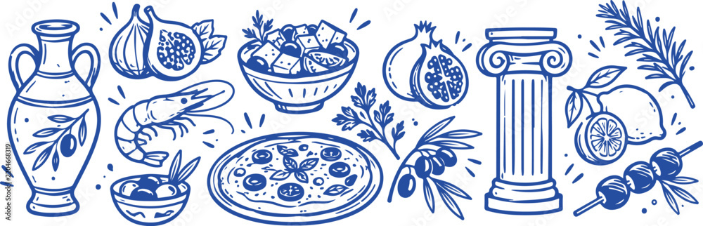 Obraz premium Collection of Mediterranean food and architectural elements hand-drawn blue line art for culinary and travel themes