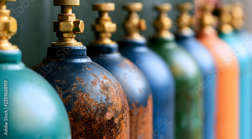 Row of colorful industrial gas cylinders with brass valves, showing rusty surface texture, shallow depth of field, oxygen and compressed gas tank concept.