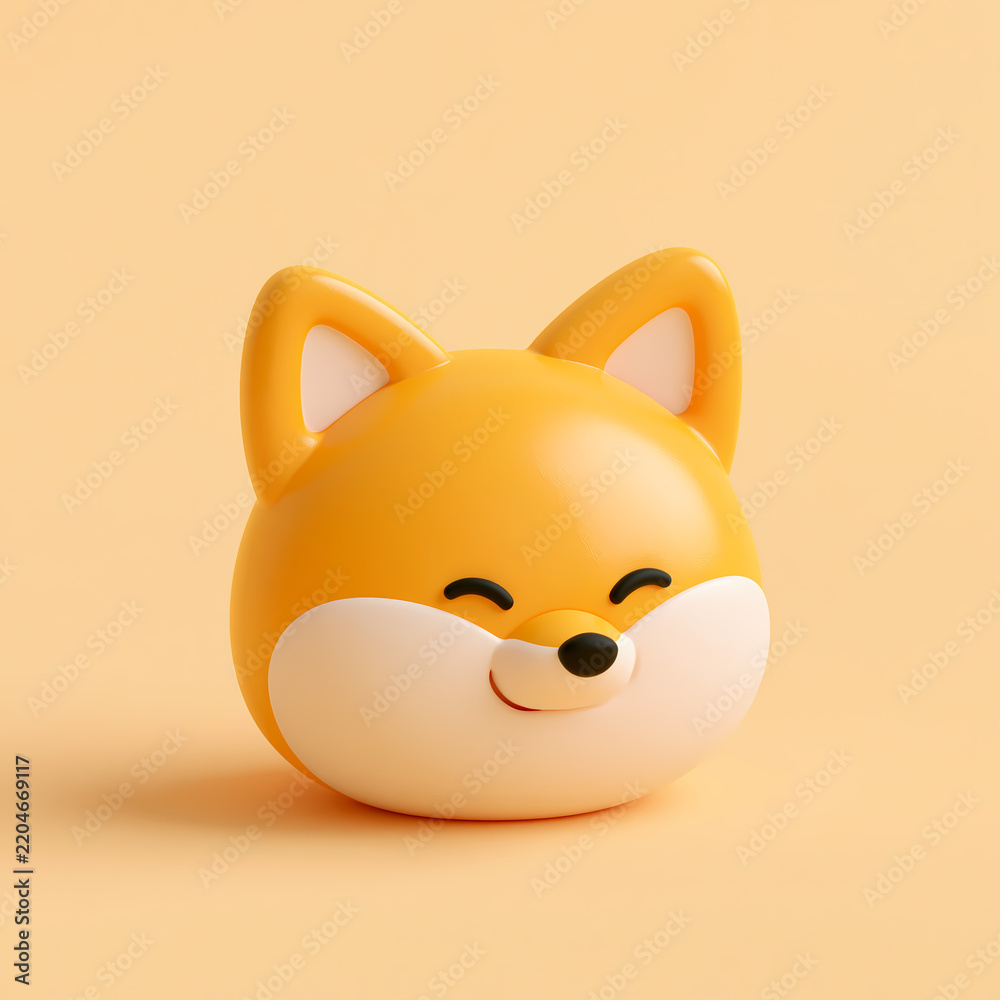 Obraz premium A cute stylized three dimensional fox head character with a happy expression is isolated on a soft orange background