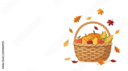 Illustration of a Harvest Basket with Autumn Leaves