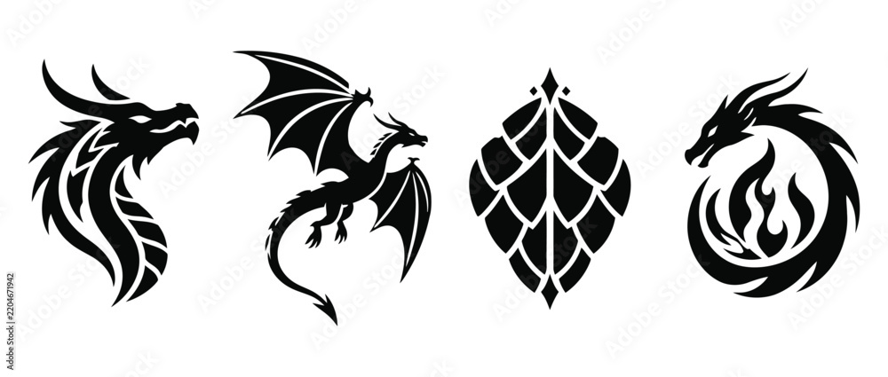 Obraz premium Collection of dragon silhouette icons in various fantasy styles with mythical creature fantasy icon dragon art flying dragon legendary beast dragon head fire breathing
