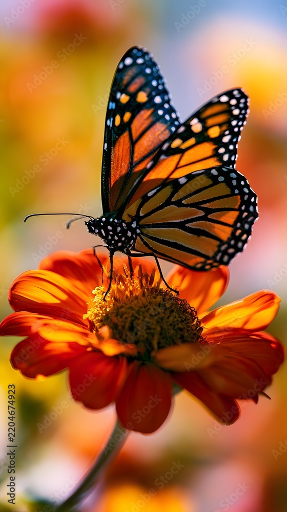 Obraz premium Monarch butterfly resting on orange wildflower in garden