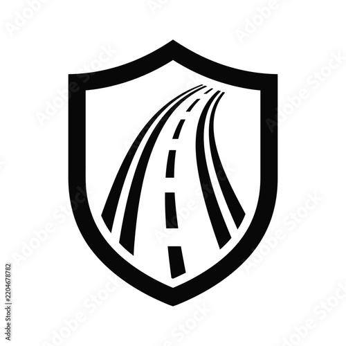 Shield with a stylized road inside symbolizing safety.