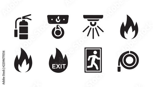 Fire safety icons set with extinguisher alarm sprinkler exit sign and hose reel black silhouettes.