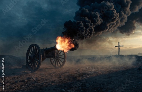 A vintage historical cannon firing on a desolate battlefield with a distant wooden cross